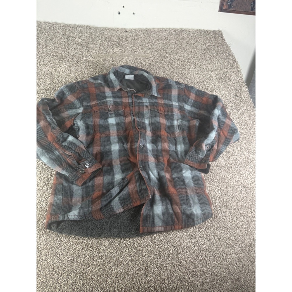 Columbia Mens Sherpa Lined Plaid Flannel Shirt Jacket Rust Grey Black Large